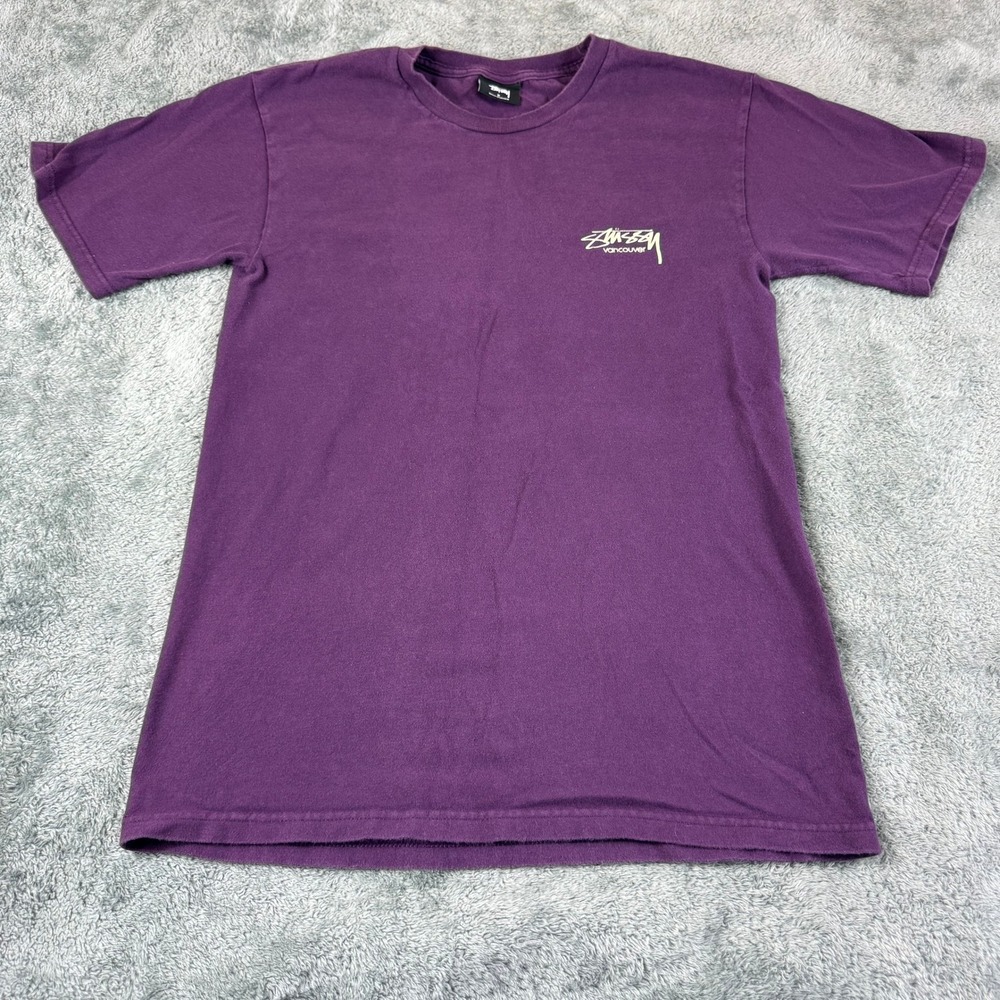 Vintage Stussy Vancouver Graphic T-Shirt Mens Small Purple Short Sleeve Crewneck